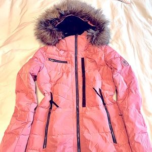 Obermeyer Circe Down Jacket Size M (6) Womens Foxy Rose Hood Insulated.